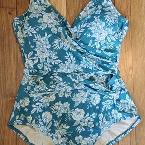 Lands' End Teal and White Floral Swimwear